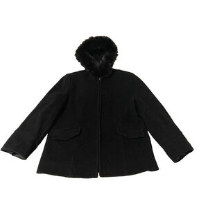 Preston & York Womens Real Fox Fur Trim Hooded Wool Coat Size 16 Black Jacket